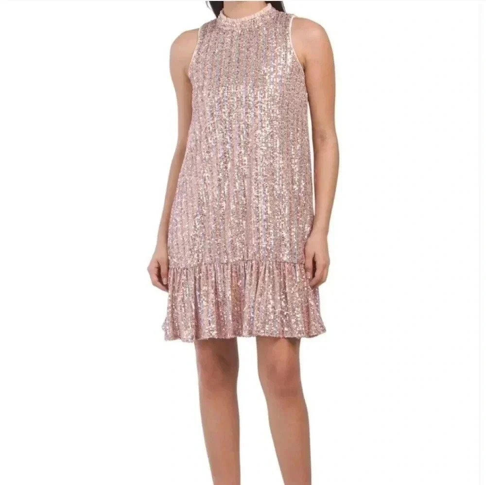 Julia Jordan Ruffle Mock Neck Sleeveless Sequin Fully Lined Swing Dress(8)